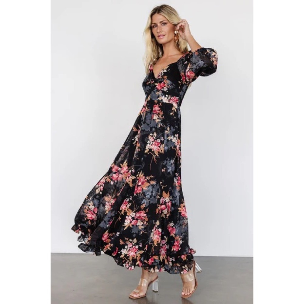 NWT!! BALTIC‎ BORN Estefania Maxi Dress Black Floral Romantic Ruffle X-Small